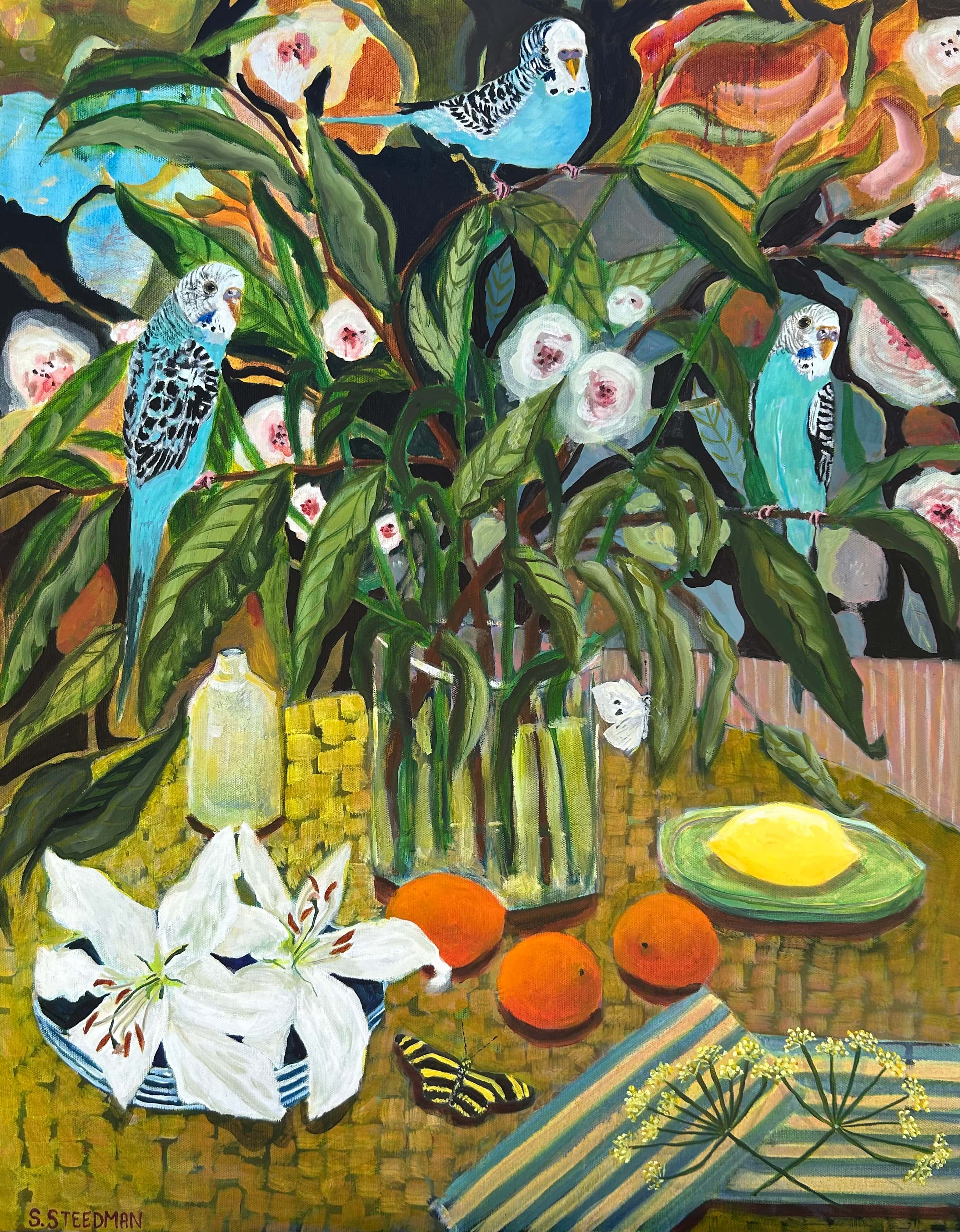 table with parakeets