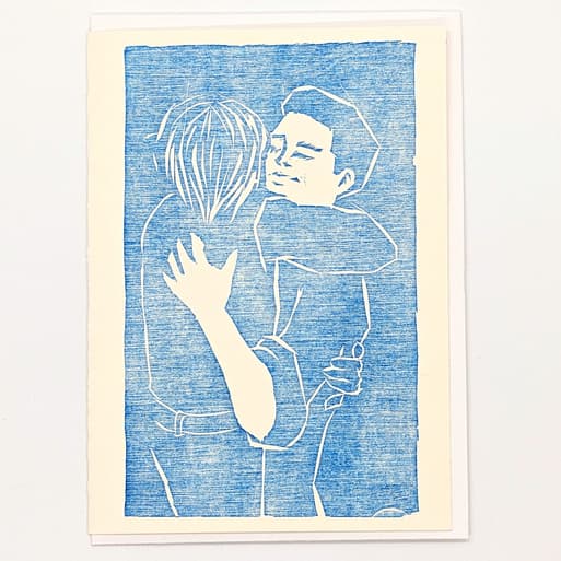 Moody blue Father’s Day card by Jamie Wing featuring a comforting embrace, perfect for heartfelt handwritten notes.