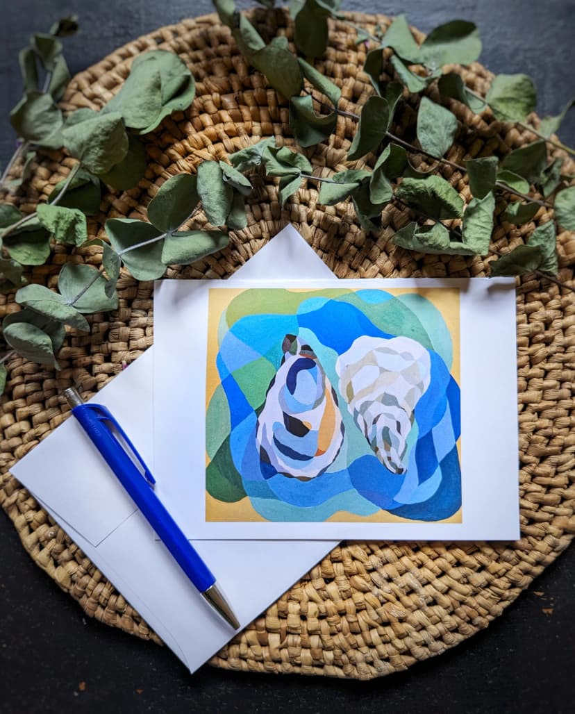 Elegant handmade birthday card by Emily Bell-Hoerth featuring oyster shells—perfect for a belated yet thoughtful message.