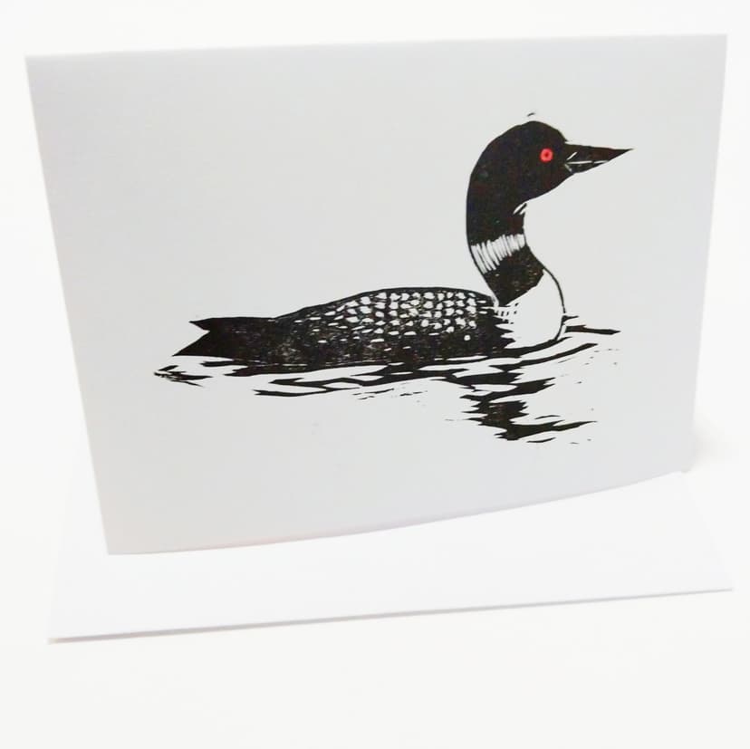 Block print Father’s Day card by Jamie Wing showing a Maine loon on still water—ideal for expressing quiet appreciation or wisdom learned.